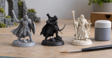 Gray, black and off-white fantasy miniatures beside a paintbrush and closed paint pot.
