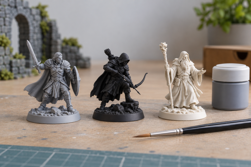 Gray, black and off-white fantasy miniatures beside a paintbrush and closed paint pot.