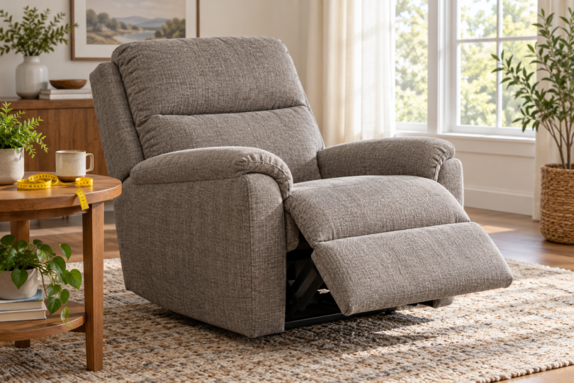A gray fabric recliner with its footrest extended beside a table with a tape measure.