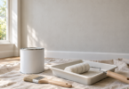 A plain paint can, roller tray and brush on a drop cloth beside a smooth interior wall.