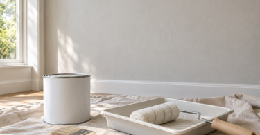 A plain paint can, roller tray and brush on a drop cloth beside a smooth interior wall.