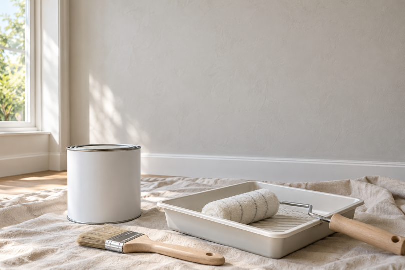 A plain paint can, roller tray and brush on a drop cloth beside a smooth interior wall.