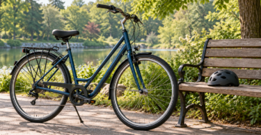 A generic blue city bicycle beside a park bench with a helmet on the bench.