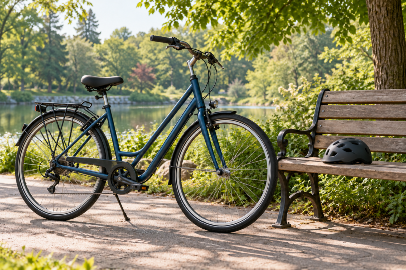 A generic blue city bicycle beside a park bench with a helmet on the bench.