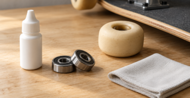 Two generic skateboard bearings, a closed dropper bottle, a wheel and a folded cloth on a workbench.