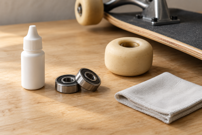 Two generic skateboard bearings, a closed dropper bottle, a wheel and a folded cloth on a workbench.