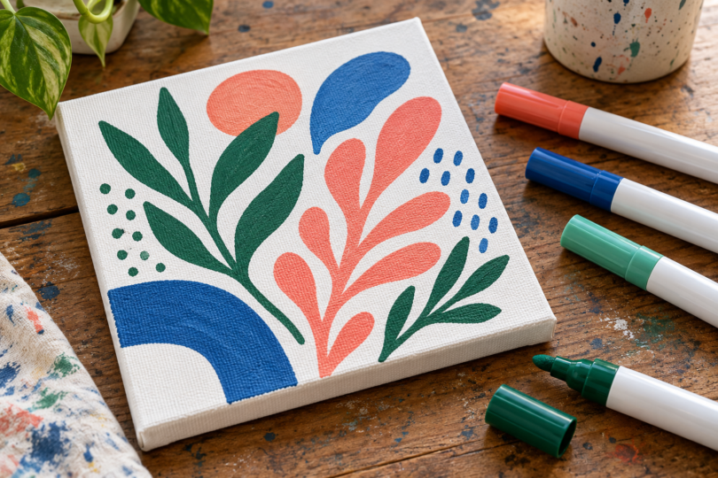 Generic paint markers beside a small canvas with a blue, coral and green botanical design.