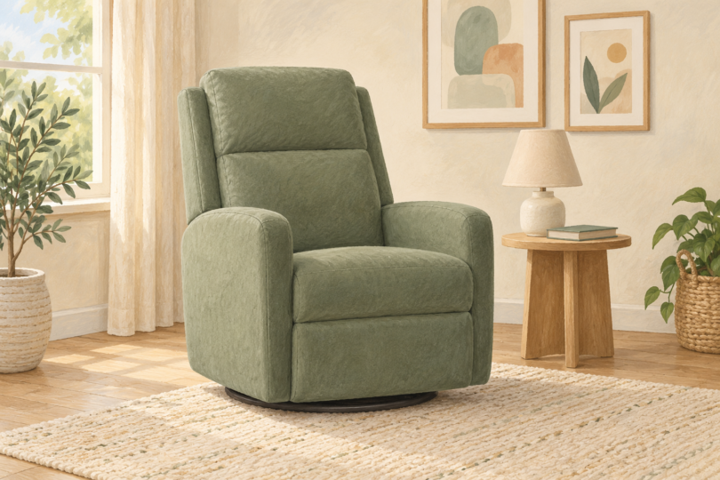 Illustration of an empty sage-green adult glider chair beside a wooden table and lamp.