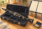 Illustration of a black clarinet resting across an open case beside a music stand and reed holder.
