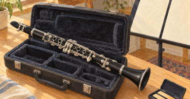 Illustration of a black clarinet resting across an open case beside a music stand and reed holder.