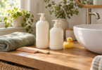Unbranded pump bottles, a wide-tooth comb, a folded towel and a yellow bath duck beside a sink.