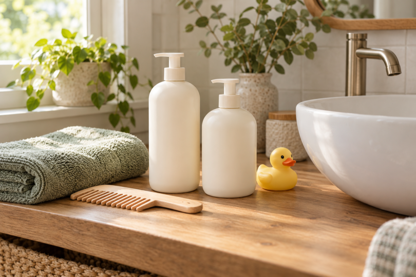 Unbranded pump bottles, a wide-tooth comb, a folded towel and a yellow bath duck beside a sink.