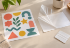 Clear protective film peeled back beside a sheet of colorful sticker shapes and a white smoothing card on a craft table.