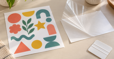 Clear protective film peeled back beside a sheet of colorful sticker shapes and a white smoothing card on a craft table.