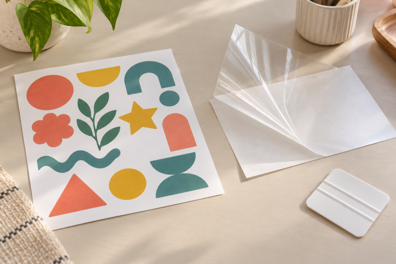 Clear protective film peeled back beside a sheet of colorful sticker shapes and a white smoothing card on a craft table.