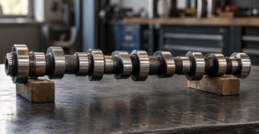 An unbranded steel camshaft resting on two wooden blocks on a dark workshop bench.