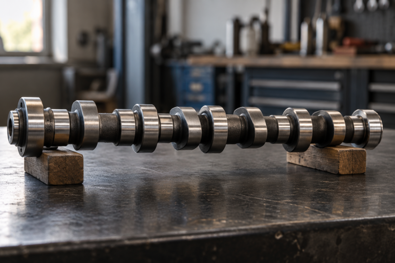 An unbranded steel camshaft resting on two wooden blocks on a dark workshop bench.