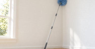 A generic blue cobweb brush on a silver telescoping pole leaning against a white interior corner.
