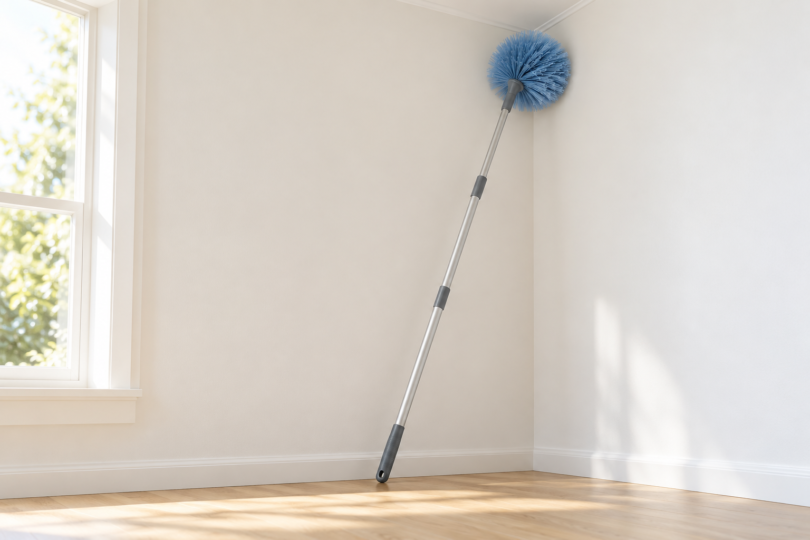 A generic blue cobweb brush on a silver telescoping pole leaning against a white interior corner.
