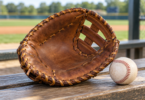 A brown first base mitt and a baseball on a wooden dugout bench.