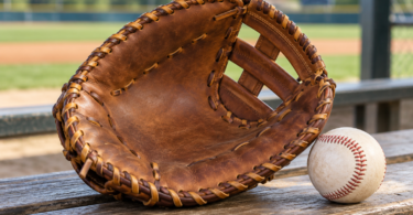 A brown first base mitt and a baseball on a wooden dugout bench.