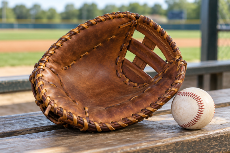 A brown first base mitt and a baseball on a wooden dugout bench.