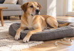 A tan dog rests on a gray padded bed beside a loosely coiled fabric measuring tape.