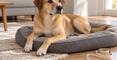 A tan dog rests on a gray padded bed beside a loosely coiled fabric measuring tape.