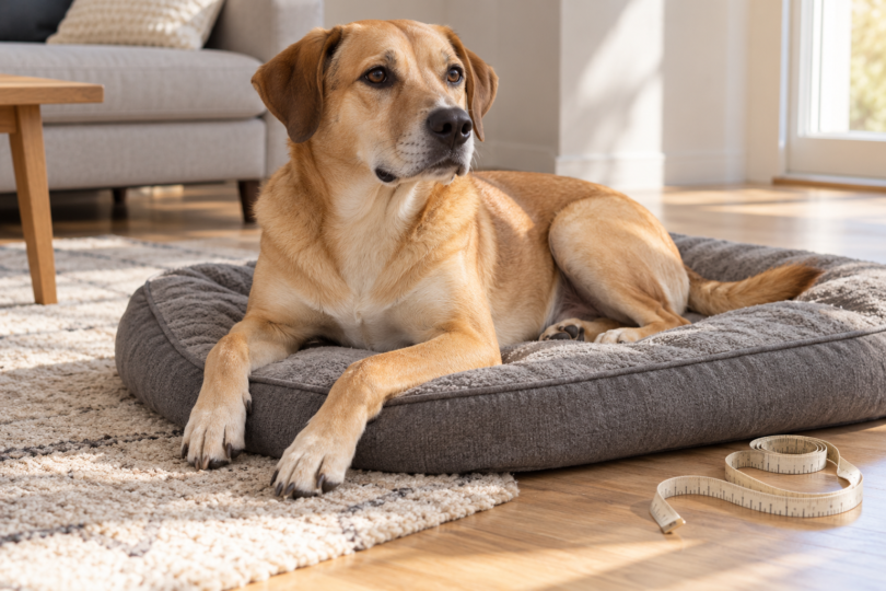 A tan dog rests on a gray padded bed beside a loosely coiled fabric measuring tape.