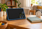 A tablet in a blue case with a blank screen beside a notebook and timer.