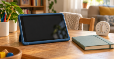 A tablet in a blue case with a blank screen beside a notebook and timer.