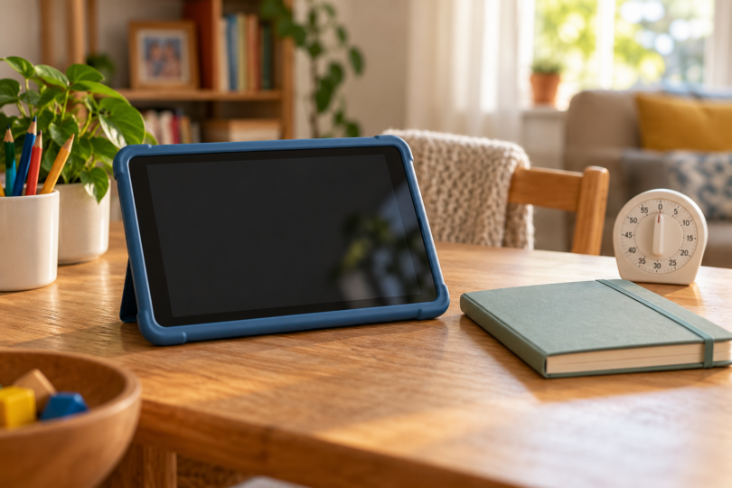 A tablet in a blue case with a blank screen beside a notebook and timer.