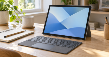 An unbranded tablet and separate keyboard on a wooden desk beside a notebook.