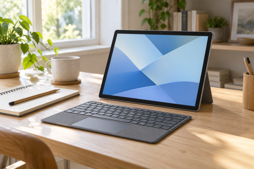 An unbranded tablet and separate keyboard on a wooden desk beside a notebook.