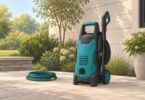 Illustration of a generic teal pressure washer with a stored spray wand and coiled hose on a patio.