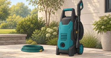 Illustration of a generic teal pressure washer with a stored spray wand and coiled hose on a patio.