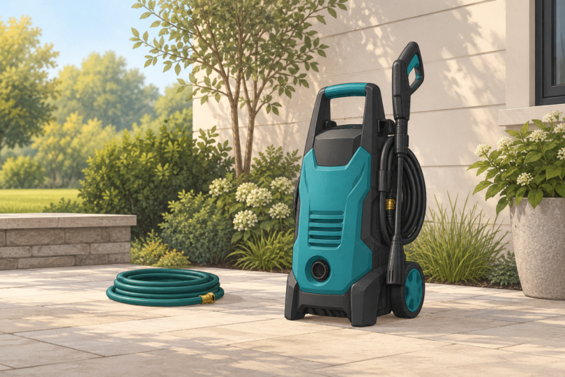 Illustration of a generic teal pressure washer with a stored spray wand and coiled hose on a patio.