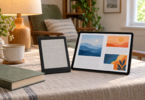 A generic e-reader and color tablet beside a book and reading lamp.