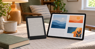 A generic e-reader and color tablet beside a book and reading lamp.