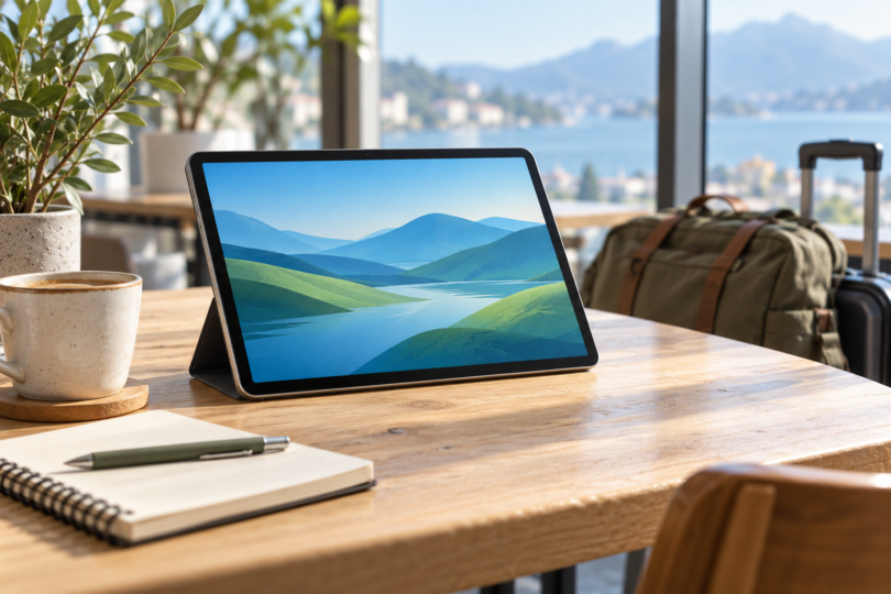A generic tablet on a cafe table beside a notebook, with travel bags near the window.