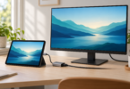 A generic tablet and desktop monitor showing the same blue landscape, linked by an adapter and cable on a desk.