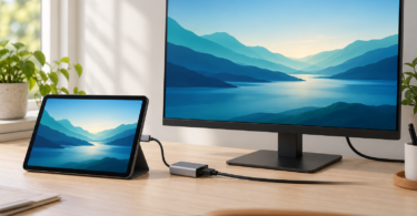 A generic tablet and desktop monitor showing the same blue landscape, linked by an adapter and cable on a desk.