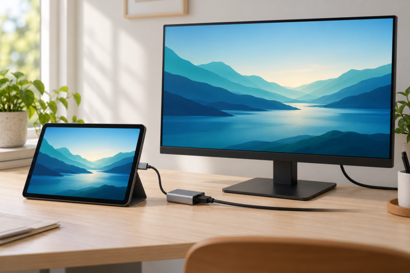 A generic tablet and desktop monitor showing the same blue landscape, linked by an adapter and cable on a desk.