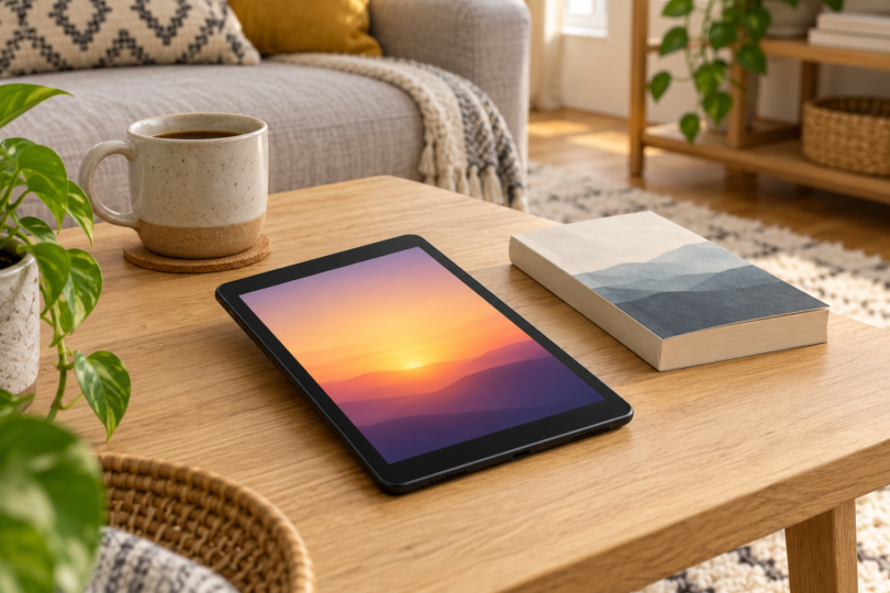 A generic compact tablet displaying a sunset beside a book and mug on a wooden coffee table.