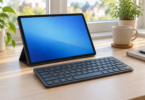A generic tablet on a stand beside a compact wireless keyboard on a wooden desk.