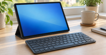 A generic tablet on a stand beside a compact wireless keyboard on a wooden desk.