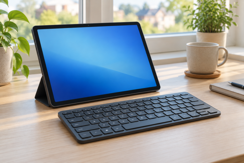 A generic tablet on a stand beside a compact wireless keyboard on a wooden desk.