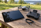An unbranded tablet, USB cable, remote controller and resting quadcopter on a wooden outdoor table.