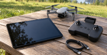 An unbranded tablet, USB cable, remote controller and resting quadcopter on a wooden outdoor table.