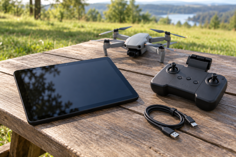 An unbranded tablet, USB cable, remote controller and resting quadcopter on a wooden outdoor table.